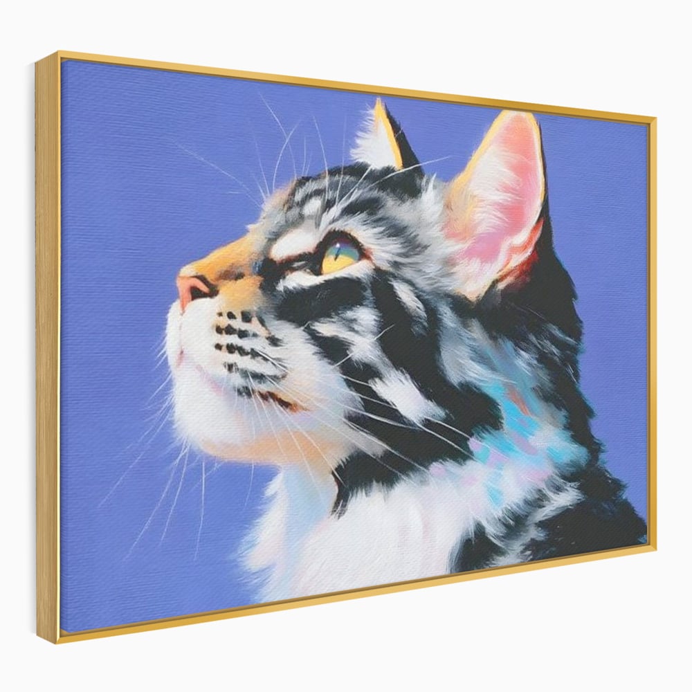 Tablou canvas cu pictura cu profil de pisica, in rama de aluminiu auriu
